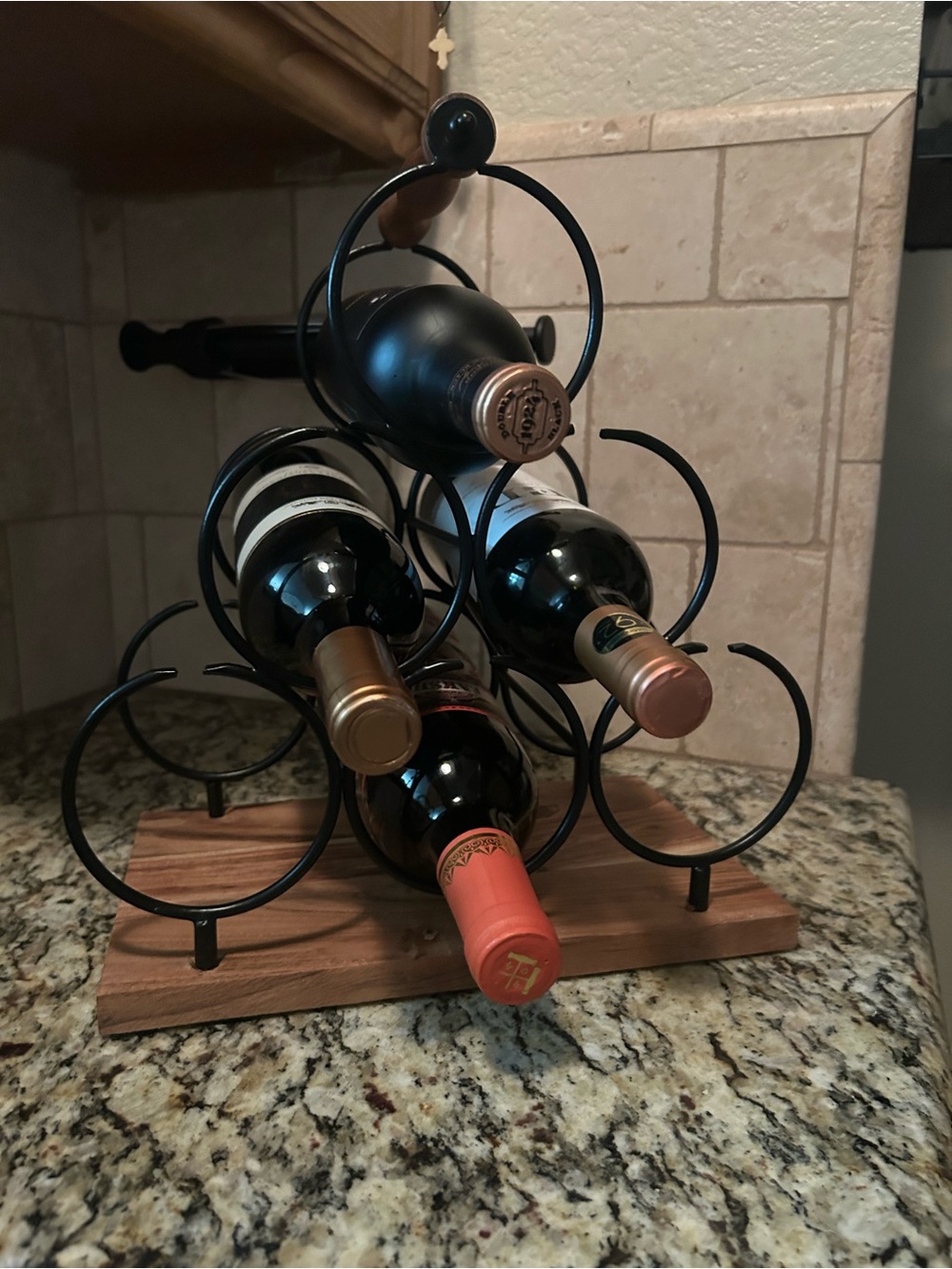 Black Metal & Wood Wine Rack - 6 Bottle Tabletop Holder